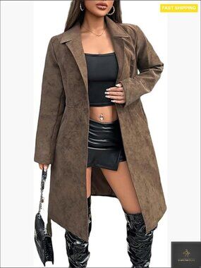 Long Suede Trench Coat Classic Lapel Belted Elegant Oversized Outerwear
